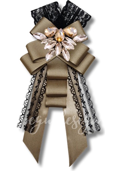 Shine Seri Kahve Ekru Yeşil Grogren Kurdele Kurdele Taşlı Yaka Çiçeği Broş Okul,iş,şal,gömlek