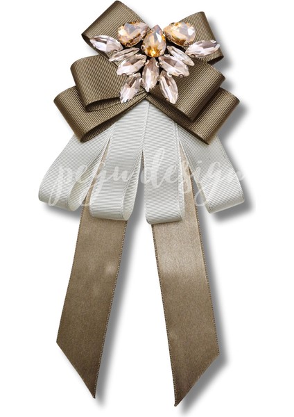 Shine Seri Kahve Ekru Yeşil Grogren Kurdele Kurdele Taşlı Yaka Çiçeği Broş Okul,iş,şal,gömlek