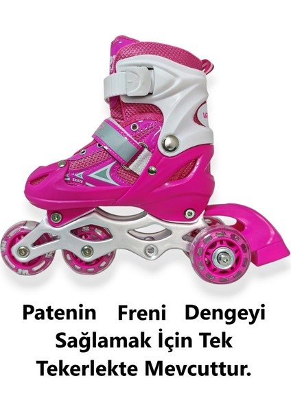 Çocuk Pateni Işıklı Çantalı Numara Ayarlanabilen Tek Sıra ve 2+1+1 Teker Paten Pembe Medium 34-37 modelleri