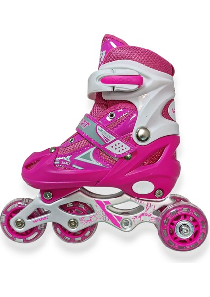 Çocuk Pateni Işıklı Çantalı Numara Ayarlanabilen Tek Sıra ve 2+1+1 Teker Paten Pembe Medium 34-37