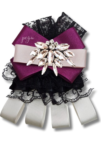 Shine Seri Mürdüm Grogren Kurdele Dantelli Taşlı Yaka Çiçeği Broş Okul,iş,şal,gömlek