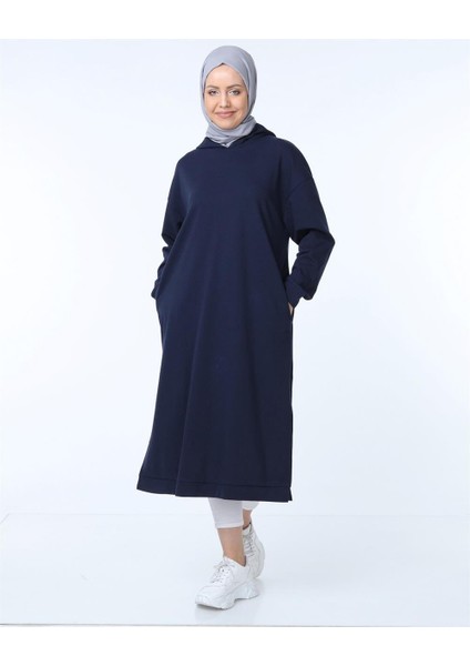 Atlas Kapşonlu Uzun Sade Basic Sweatshirt - 03007-1.015 - Lacivert