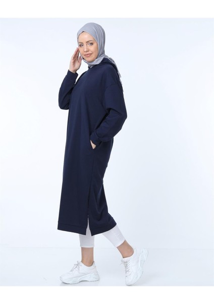 Atlas Kapşonlu Uzun Sade Basic Sweatshirt - 03007-1.015 - Lacivert fırsatları
