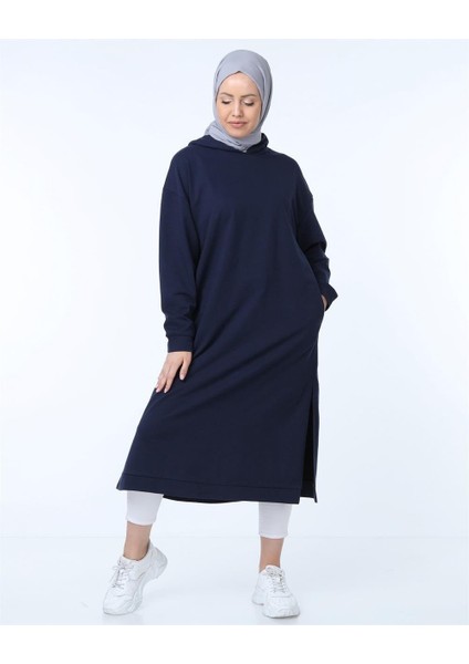 Atlas Kapşonlu Uzun Sade Basic Sweatshirt - 03007-1.015 - Lacivert indirimleri