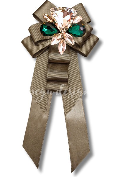 Shine Seri Kahve Ekru Yeşil Grogren Kurdele Kurdele Taşlı Yaka Çiçeği Broş Okul,iş,şal,gömlek