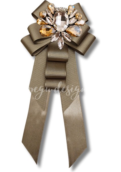Shine Seri Kahve Ekru Yeşil Grogren Kurdele Kurdele Taşlı Yaka Çiçeği Broş Okul,iş,şal,gömlek