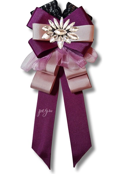 Shine Seri Mürdüm Grogren Kurdele Dantelli Taşlı Yaka Çiçeği Broş Okul,iş,şal,gömlek