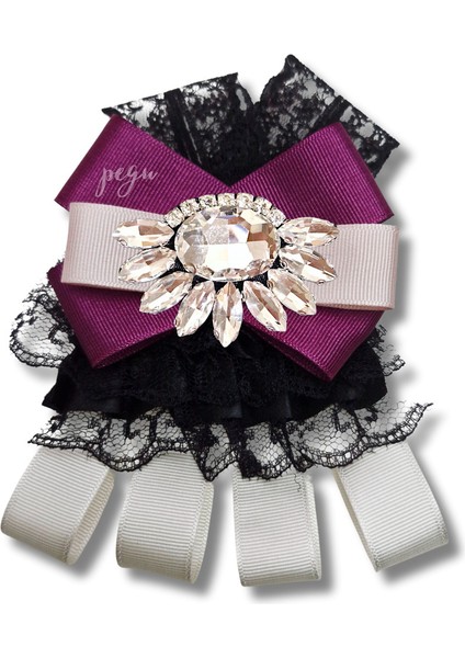 Shine Seri Mürdüm Grogren Kurdele Dantelli Taşlı Yaka Çiçeği Broş Okul,iş,şal,gömlek