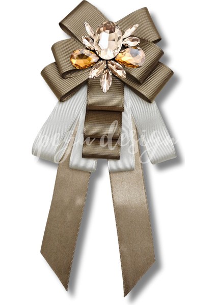 Shine Seri Kahve Ekru Yeşil Grogren Kurdele Kurdele Taşlı Yaka Çiçeği Broş Okul,iş,şal,gömlek