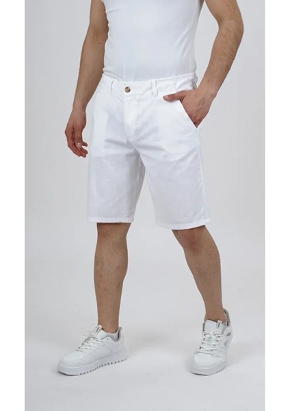 Erkek Içten Bağcıklı ve Kemerli Yan Cep Bol Rahat Kalıp Keten Şort