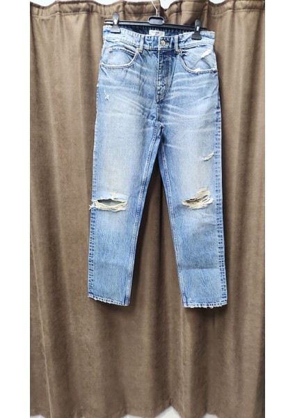 Yırtık Detaylı Mavi Yüksek Bel Mom Jean Pantolon