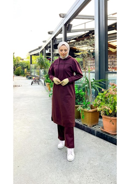 Uzun Tunik Kapşonlu Kenardan Yırtmaçlı Ikili Spor Takım - 03034-1.020 - Mürdüm fırsatları