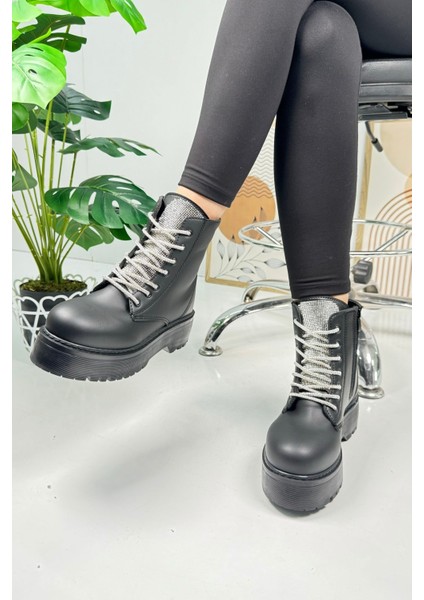 Günlük Kadın Bot Taşlı Bağcıklı Kalın Yüksek Tabanlı Yumuşak Hafif Rahat Bootie 1071