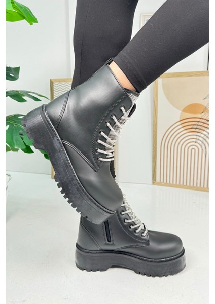 Günlük Kadın Bot Taşlı Bağcıklı Kalın Yüksek Tabanlı Yumuşak Hafif Rahat Bootie 1071 modelleri