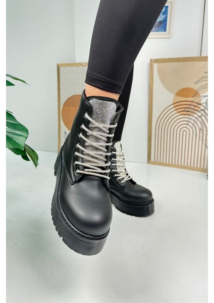 Günlük Kadın Bot Taşlı Bağcıklı Kalın Yüksek Tabanlı Yumuşak Hafif Rahat Bootie 1071 indirimleri