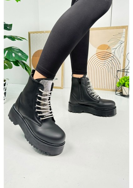 Günlük Kadın Bot Taşlı Bağcıklı Kalın Yüksek Tabanlı Yumuşak Hafif Rahat Bootie 1071