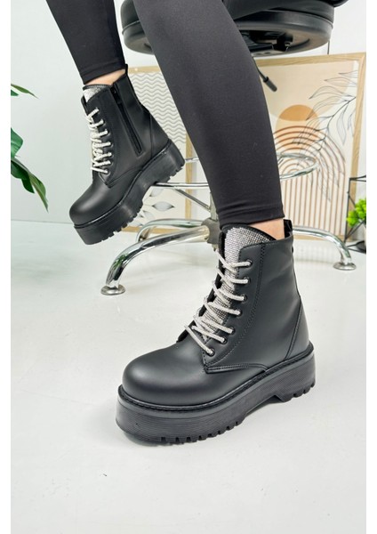 Günlük Kadın Bot Taşlı Bağcıklı Kalın Yüksek Tabanlı Yumuşak Hafif Rahat Bootie 1071