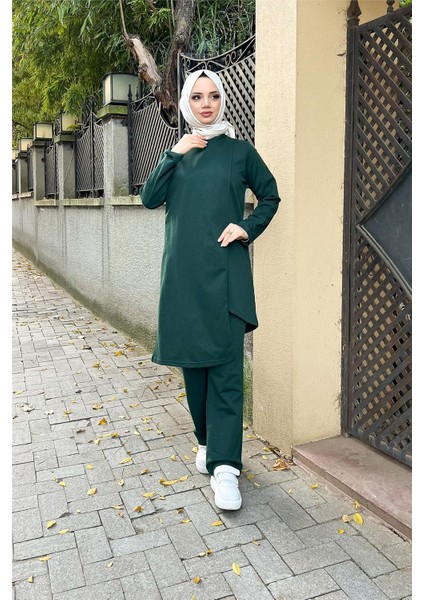 Kruvaze Bisiklet Yaka Sade Basic Tunik Panolon ikili takım - 03076-1.021 - Nefti