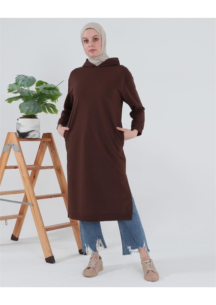 Atlas Kapşonlu Uzun Sade Basic Sweatshirt - 03007-1.020 - Mürdüm