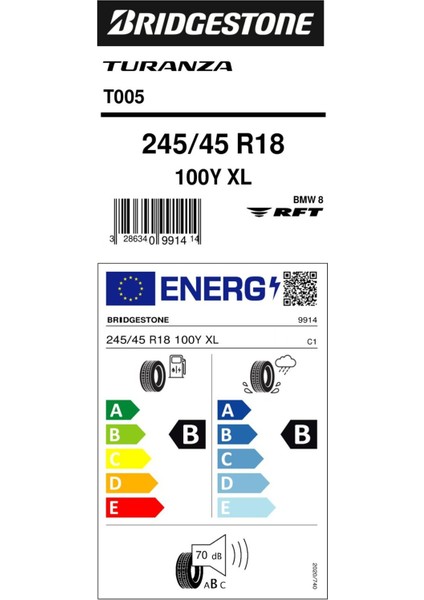 245/45R18 100Y Xl Turanza T005RFT * Oto Yaz Lastiği (Üretim YILI:2025) Lv Ambalajlı Gönderim modelleri