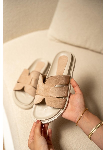 Olden Bej Süet Kalın Taban Kadın Terlik modelleri