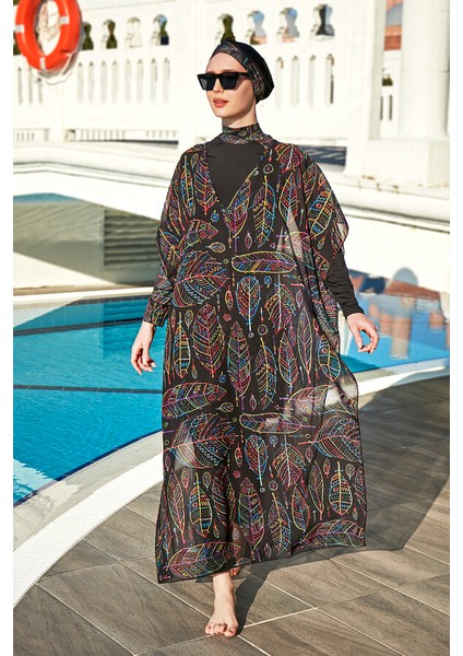 Remsa Tesettür Mayo Üzerine Tek Kaftan Kimono Pareo Yaprak Tema RP004B Zeynep