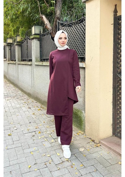 Kruvaze Bisiklet Yaka Sade Basic Tunik Panolon ikili takım - 03076-1.020 - Mürdüm indirimleri