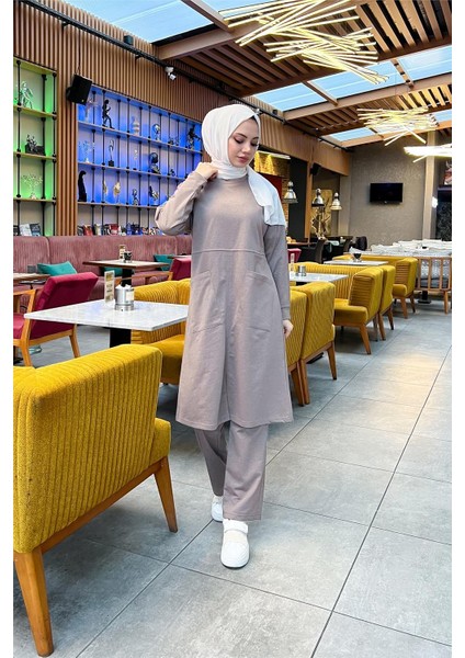 Önden Iki Cepli Sade Basic Uzun Tunik Pantolon Ikili Spor Takımı - 03067-1.016 - Vizon fırsatları