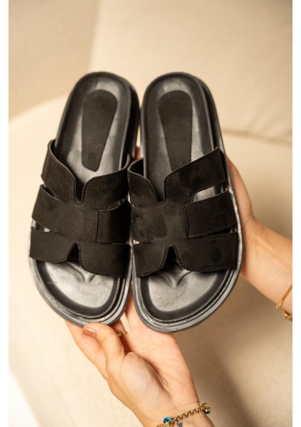 Olden Siyah Süet Kalın Taban Kadın Terlik