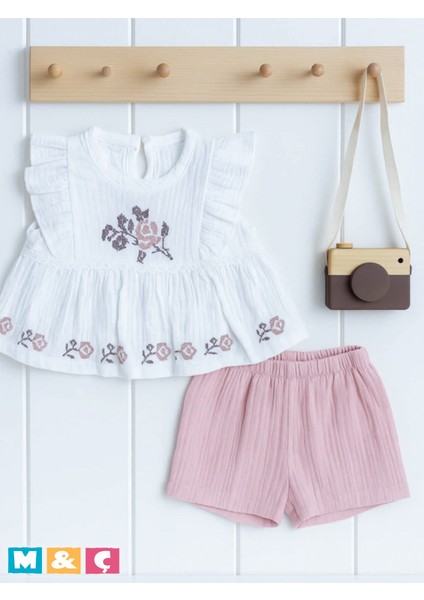 Kız Kanaviçe Muslin Takım Elbise Kız Çocuk Bebek Elbise