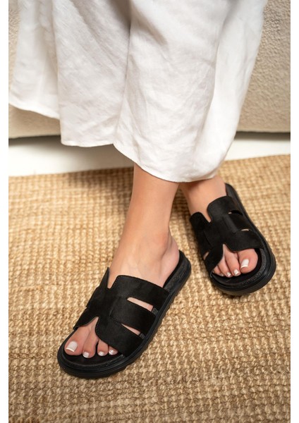 Olden Siyah Süet Kalın Taban Kadın Terlik modelleri