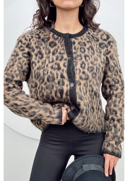 Taluna Leopar Desenli Düğme Kapamalı Uzun Kollu Leopar Triko Hırka fırsatları