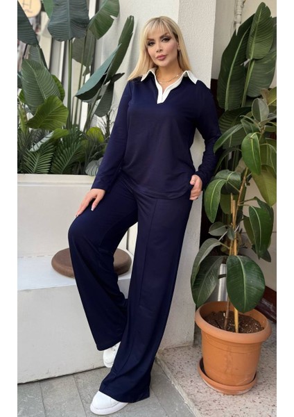 Kadın Büyük Beden Gömlek Yaka Detay Likralı Kristal Iki Iplik Takım