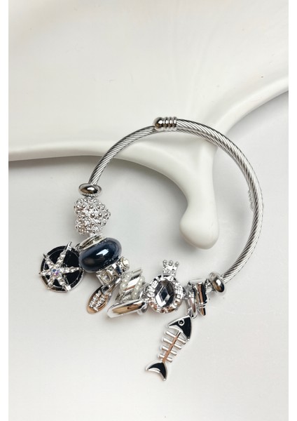 Zirkon Taşlı Charm Çelik Bileklik - Balık & Yıldız Figürlü