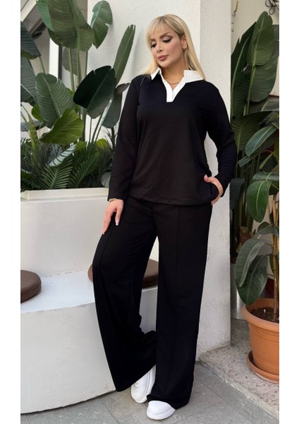 Kadın Büyük Beden Gömlek Yaka Detay Likralı Kristal Iki Iplik Takım