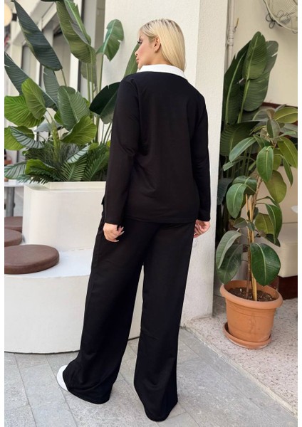 Kadın Büyük Beden Gömlek Yaka Detay Likralı Kristal Iki Iplik Takım