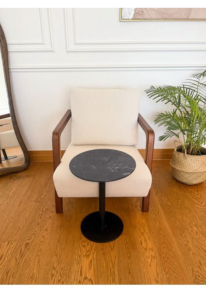 Siyah Mermer Desenli Modern 40 cm Zigon Yan Sehpa 8 mm Temper Cam