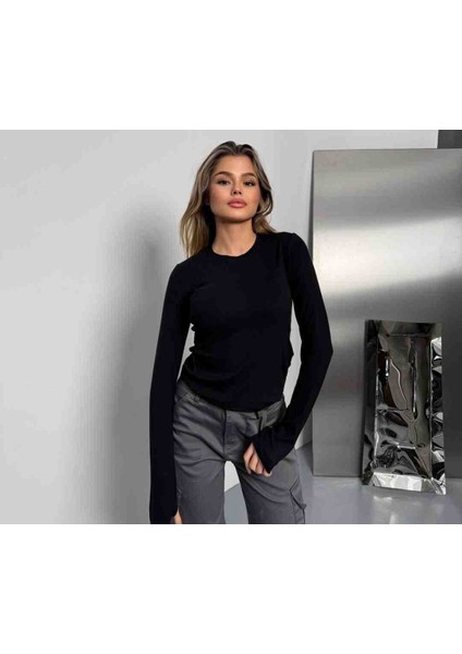 Kadın Siyah Full Likra Parmak Geçmeli Bady