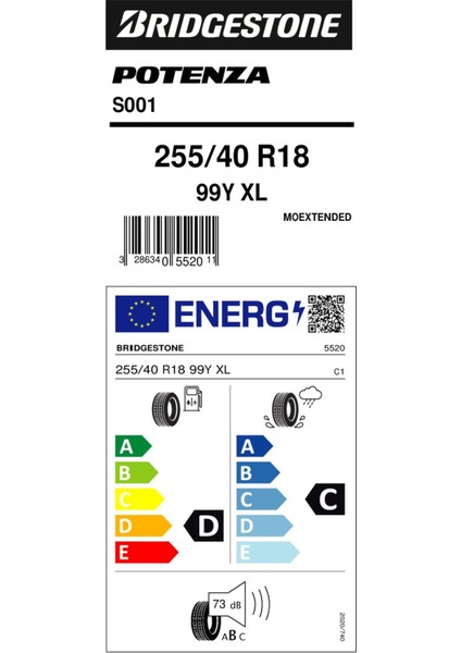255/40R18 99Y Xl Potenza S001 Ext Moe Cls Oto Yaz Lastiği (Üretim YILI:2021) Lv Ambalajlı Gönderim