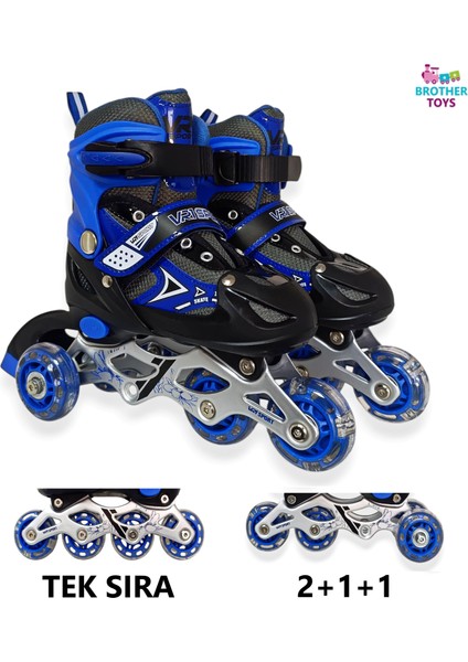 Çocuk Pateni Işıklı Çantalı Numara Ayarlanabilen Tek Sıra ve 2+1+1 Teker Paten Mavi Medium 34-37