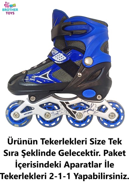 Çocuk Pateni Işıklı Çantalı Numara Ayarlanabilen Tek Sıra ve 2+1+1 Teker Paten Mavi Medium 34-37