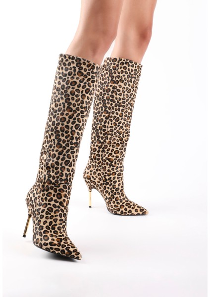Carlile Hakiki Deri Tay Tüyü Kadın Leopar Topuklu Çizme fırsatları