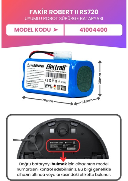 Fakir Robert Iı RS720 Uyumlu Batarya (Maksimum Kapasite) 3500MAH Robot Süpürge Bataryası 41004400 fiyatları