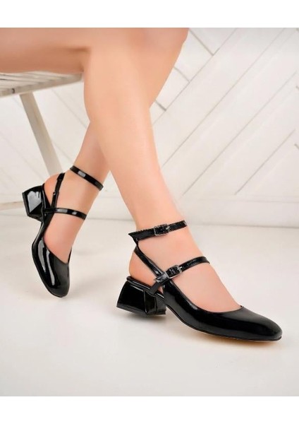 Kadın Kare Burunlu Rugan Geniş Topuklu Ayakkabı-Siyah modelleri