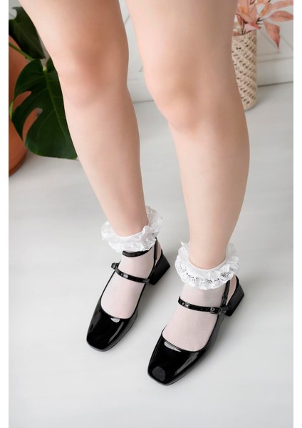 Kadın Kare Burunlu Rugan Geniş Topuklu Ayakkabı-Siyah indirimleri