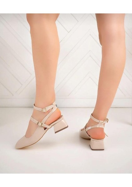 Kadın Kare Burunlu Rugan Geniş Topuklu Ayakkabı-Bej modelleri