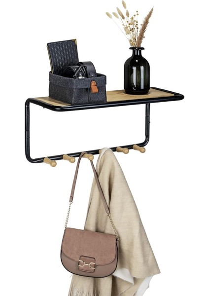 Gbmotion Bambu Ahşap & Metal Duvar Rafı – 6 Askılı, Çok Amaçlı Organizer, Askılık 58X26 cm