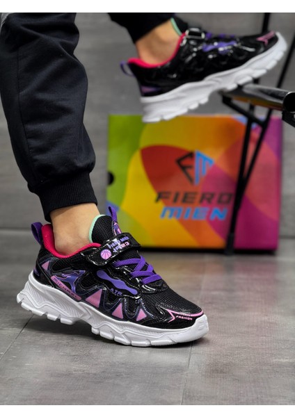 Unisex Bantlı Faylon Taban Çocuk Spor Ayakkabı-Siyah-Mor