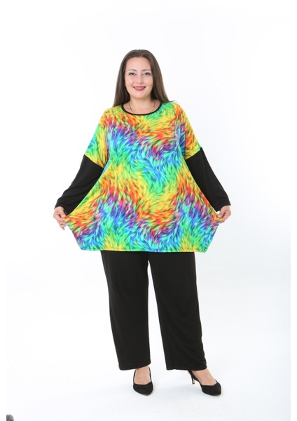 Kadın Likralı Yünlü Viskon Ön Desenli Büyük Beden Tunik indirimleri