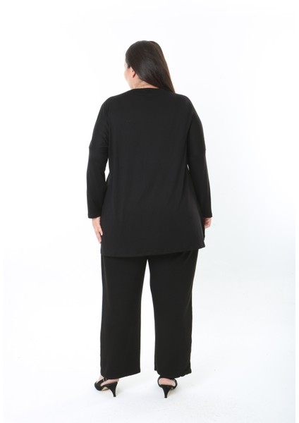 Kadın Likralı Yünlü Viskon Ön Desenli Büyük Beden Tunik